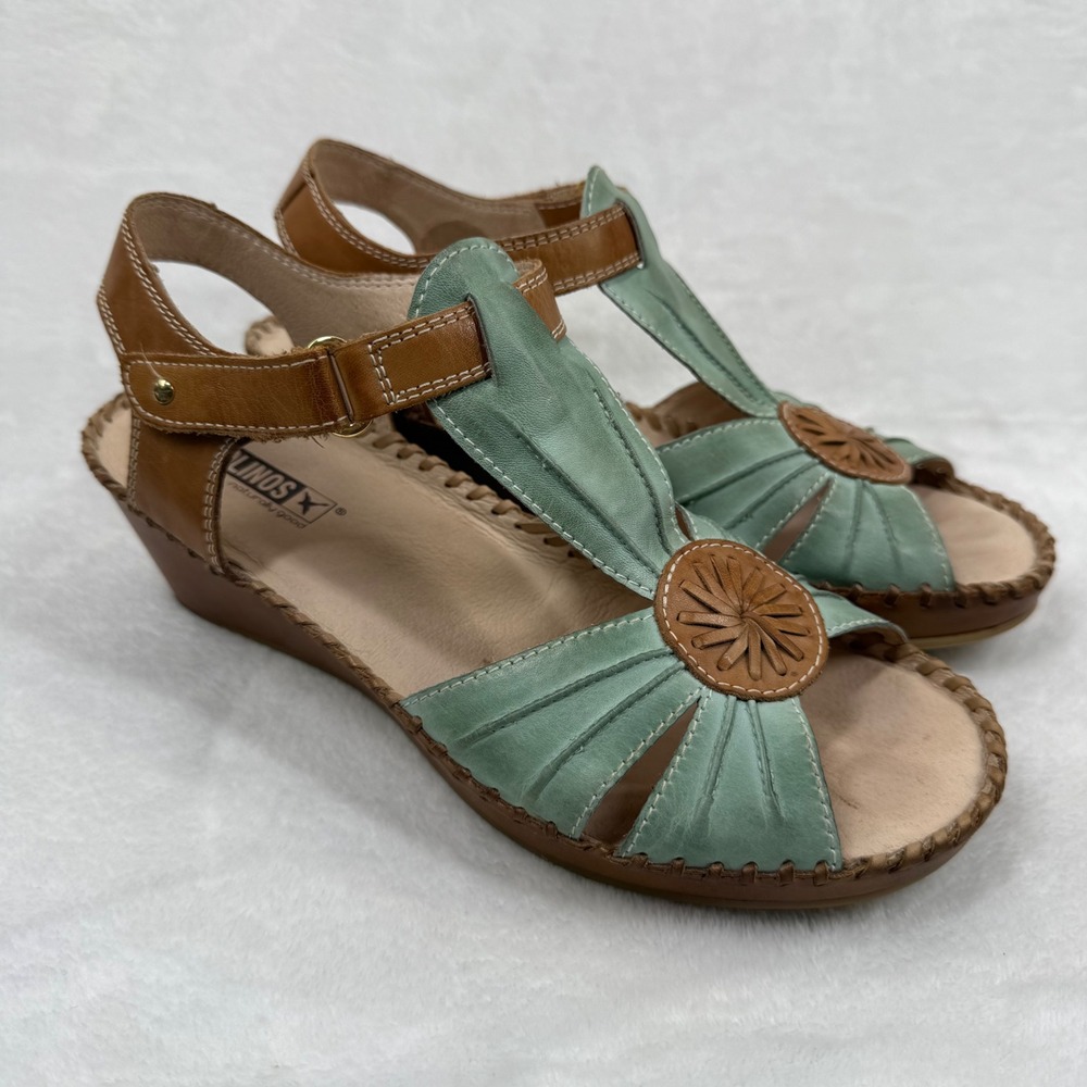 Pikolinos Mahon Green Brown Leather Wedge Sandals Mahon 39 8-8.5 US Seaweed